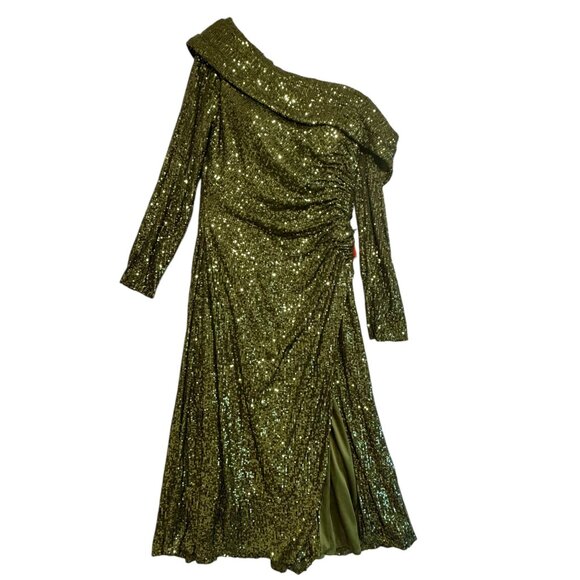 Mac Duggal Olive Green One Shoulder Sequin Long Sleeve Midi Dress SZ 12 NWT - Picture 4 of 13